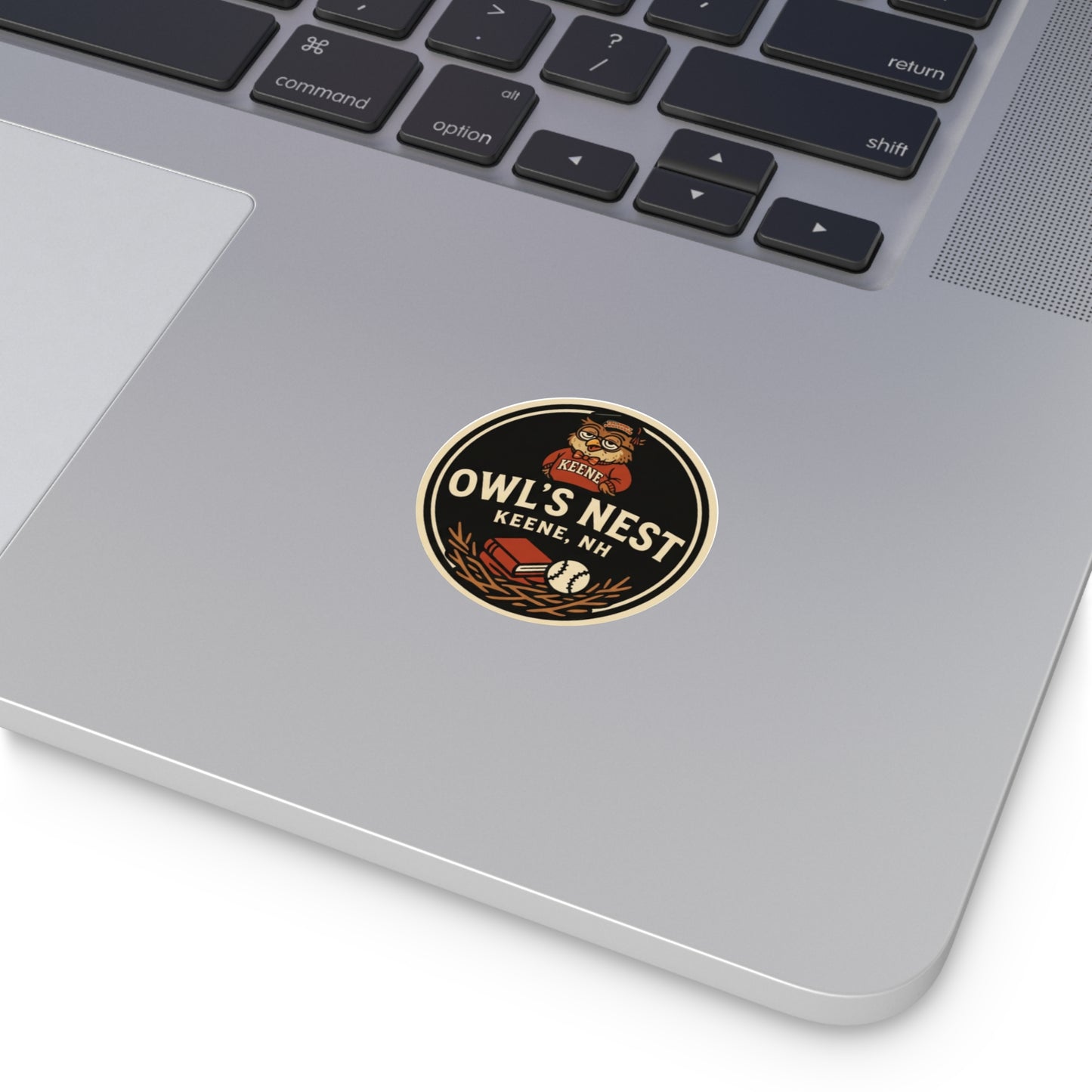 The Owl's Nest Keene, NH Round Sticker — Vintage Mascot Decal