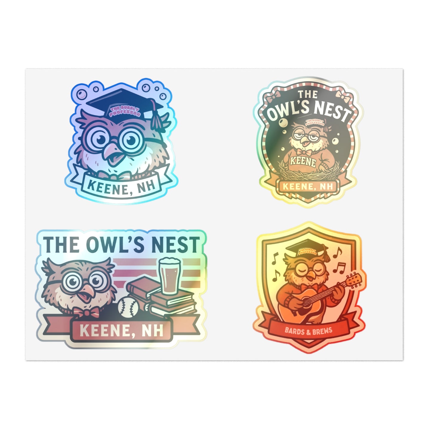 The Owl's Nest Keene, NH Sticker Sheet — Vintage Owl Vinyl Decal Set