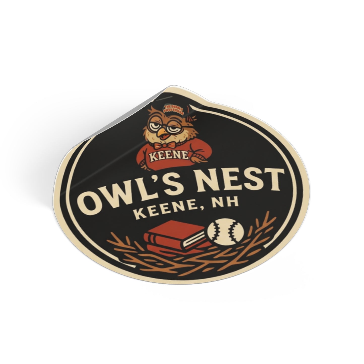 The Owl's Nest Keene, NH Round Sticker — Vintage Mascot Decal