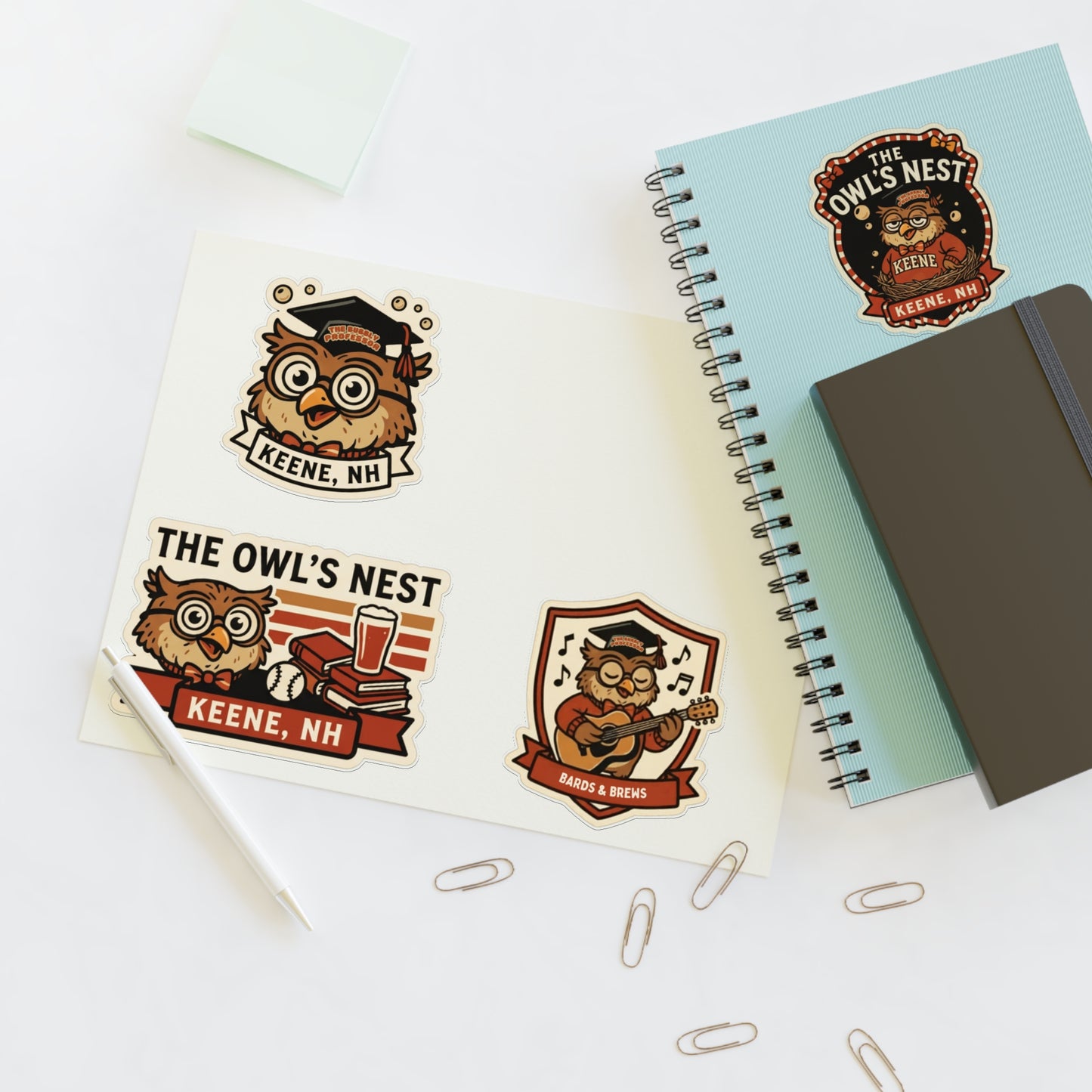 The Owl's Nest Keene, NH Sticker Sheet — Vintage Owl Vinyl Decal Set