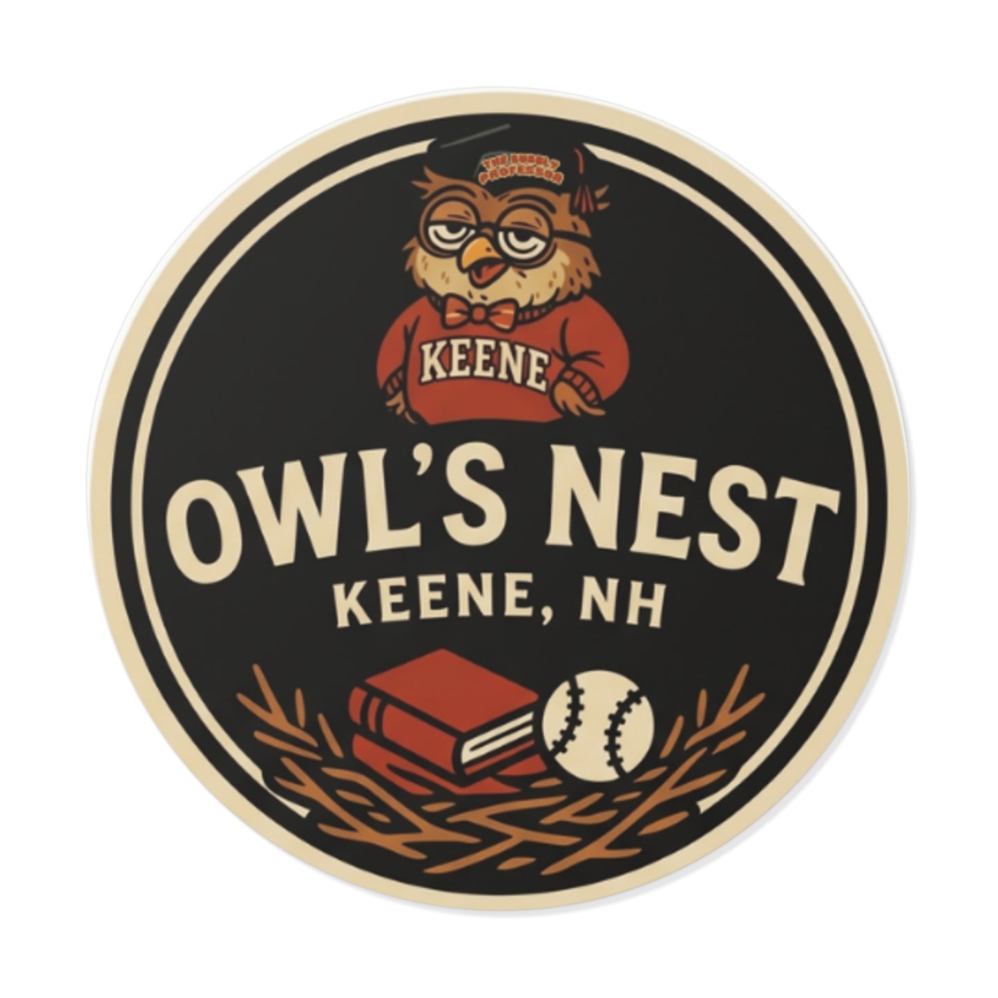 The Owl's Nest Keene, NH Round Sticker — Vintage Mascot Decal